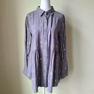 Solitaire Tunic Medium Baby Doll Gold Leaves Oversized Roll Tab Sleeve‎
